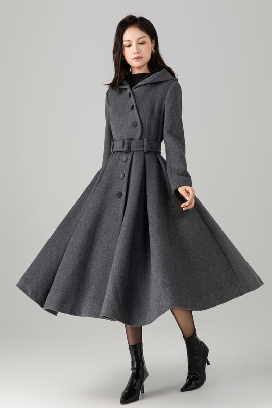Swing gray long hooded wool coat C5269