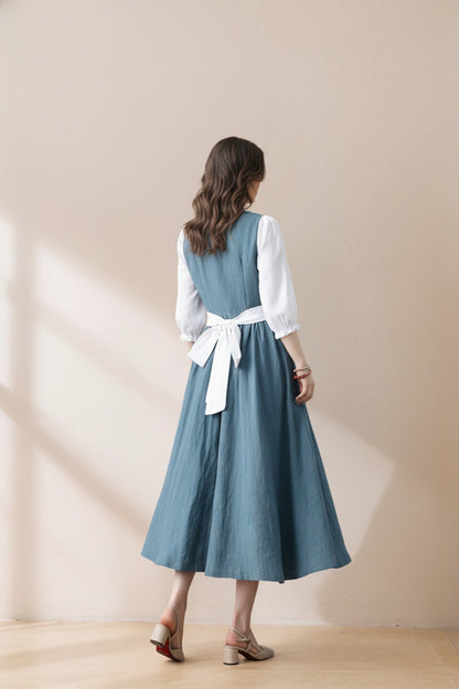 Handmade Pleated Swing Midi Linen Dress C5388
