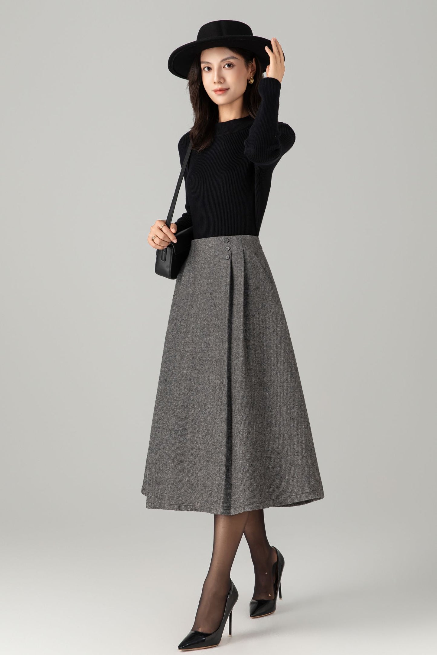 A line gray midi winter wool skirt C5277