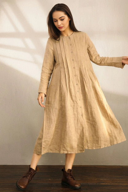 Loose Crew Linen Shirt Dress C5391