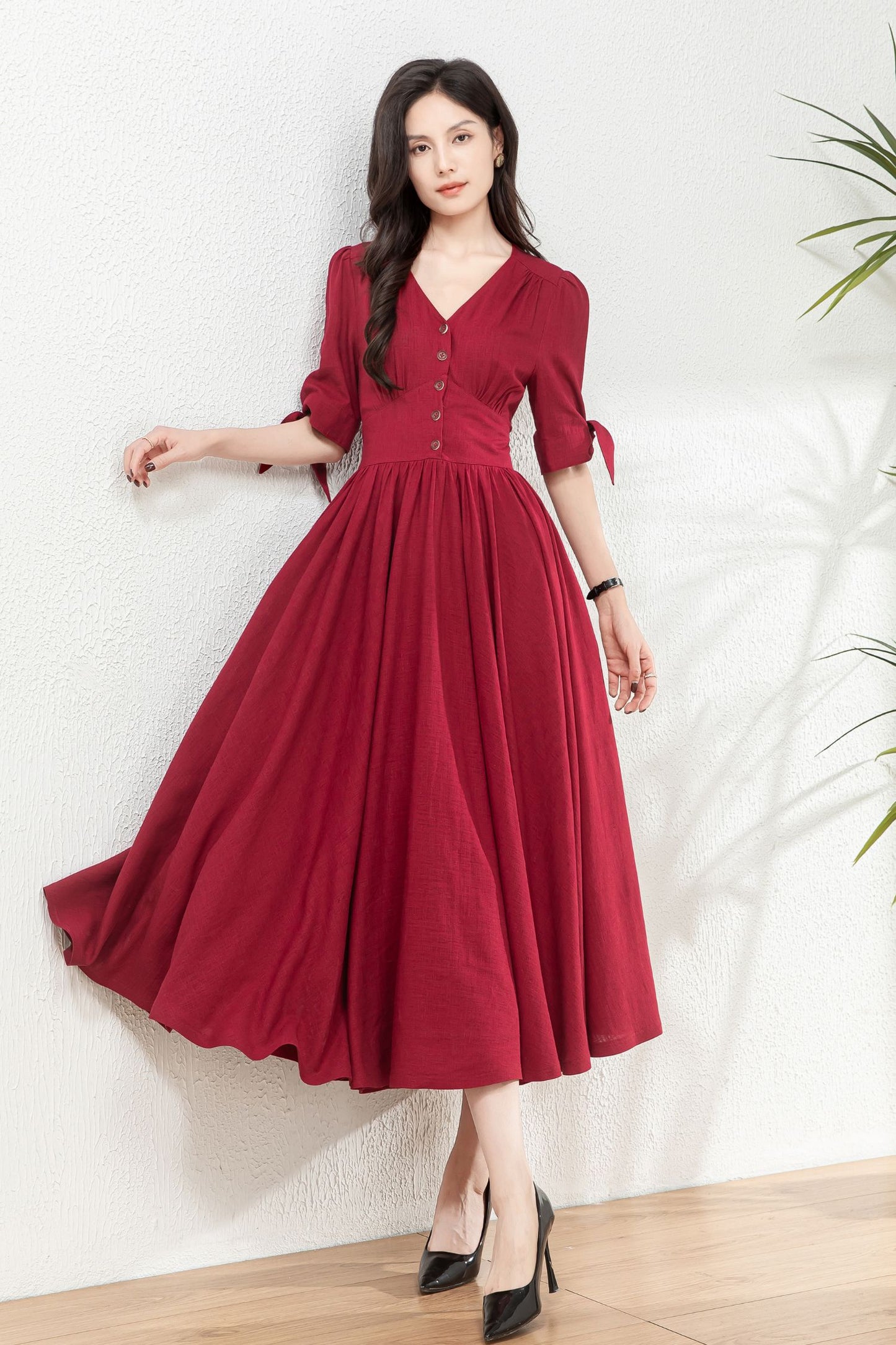 Burgundy fit and flare linen dress C4771