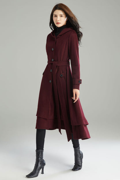 Women Long Hooded Wool Coat C2992
