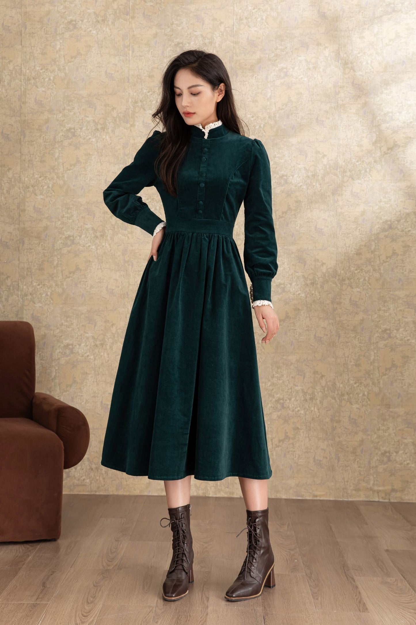 Green Corduroy Midi Dress C4464