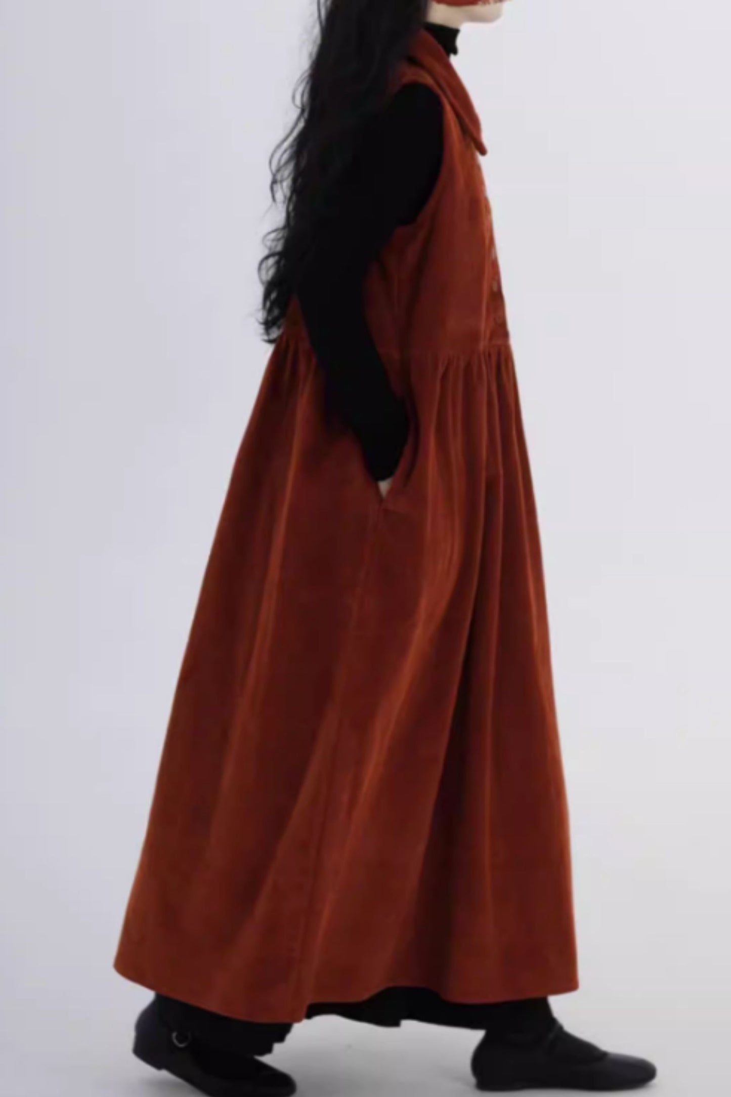 Sleeveless long corduroy dress for women C5431