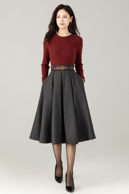 High waist a line gray winter wool skirt C5240