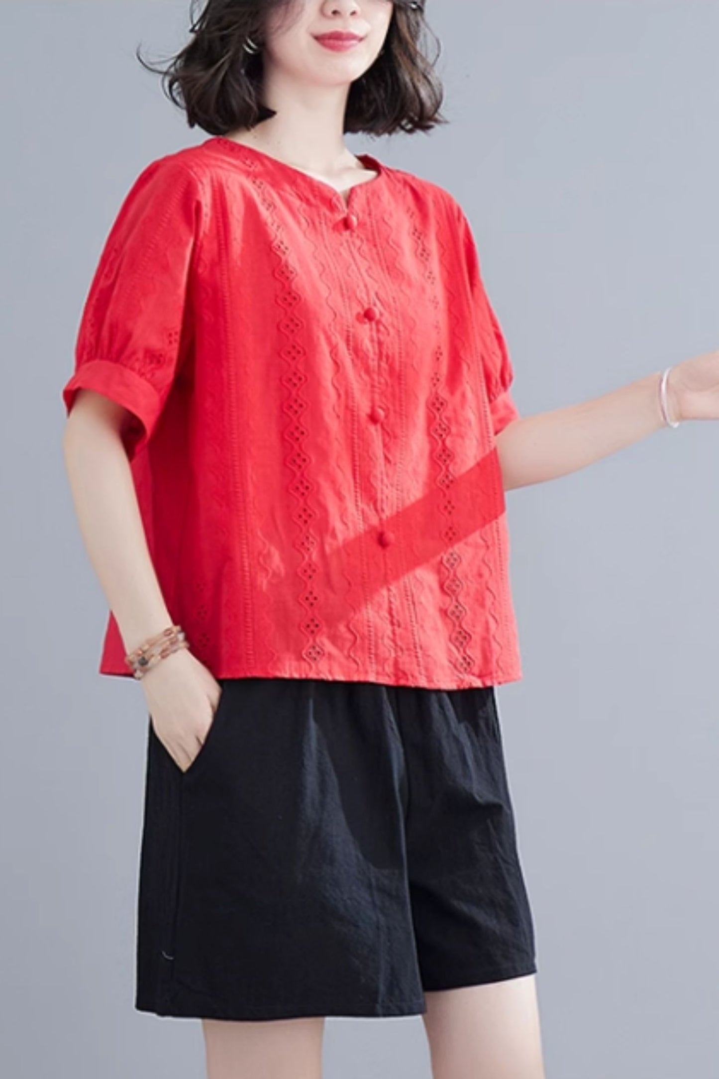 Button front embroidery blouse top C5047