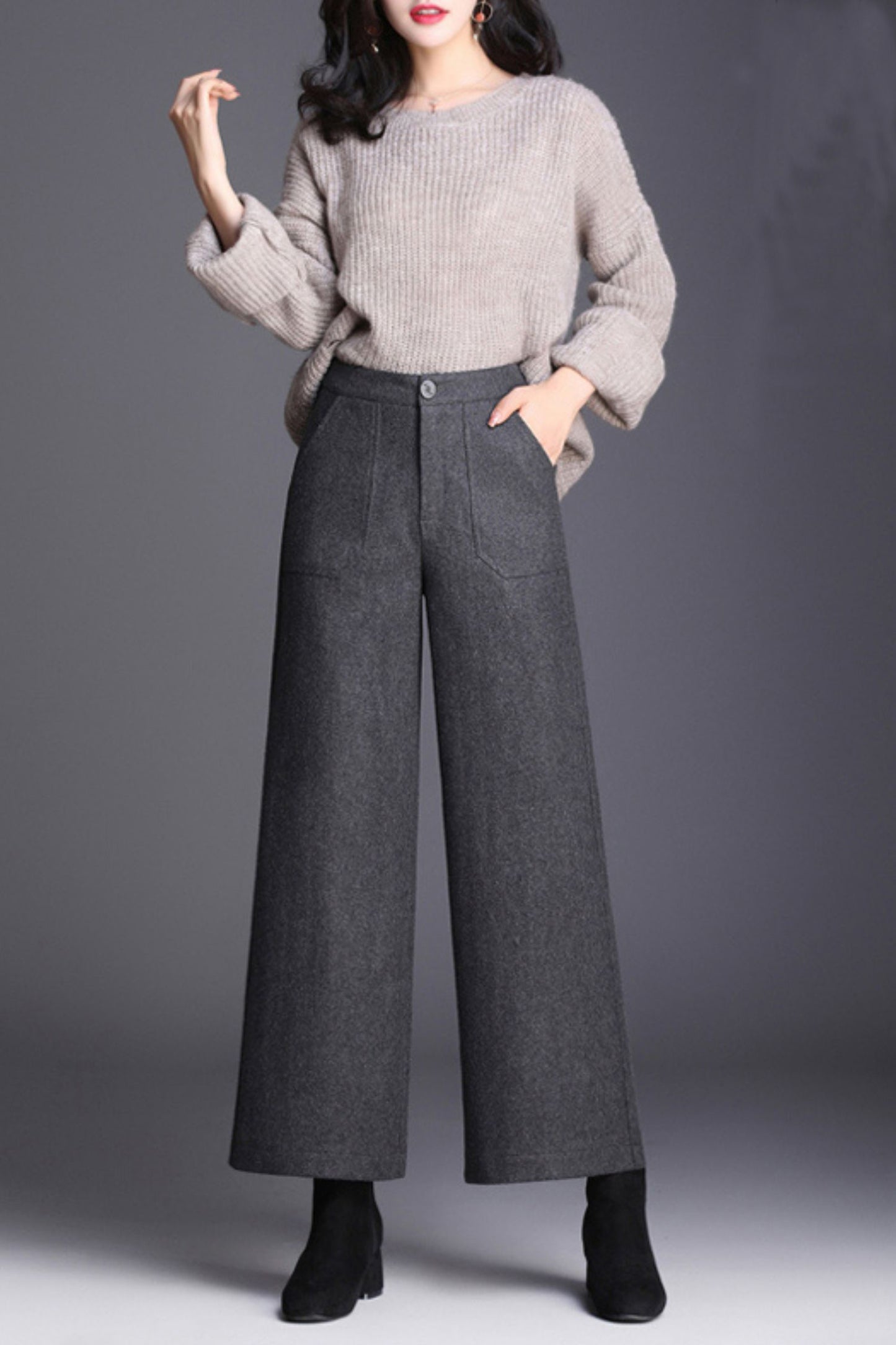 Midi wide leg wool pants women c5080
