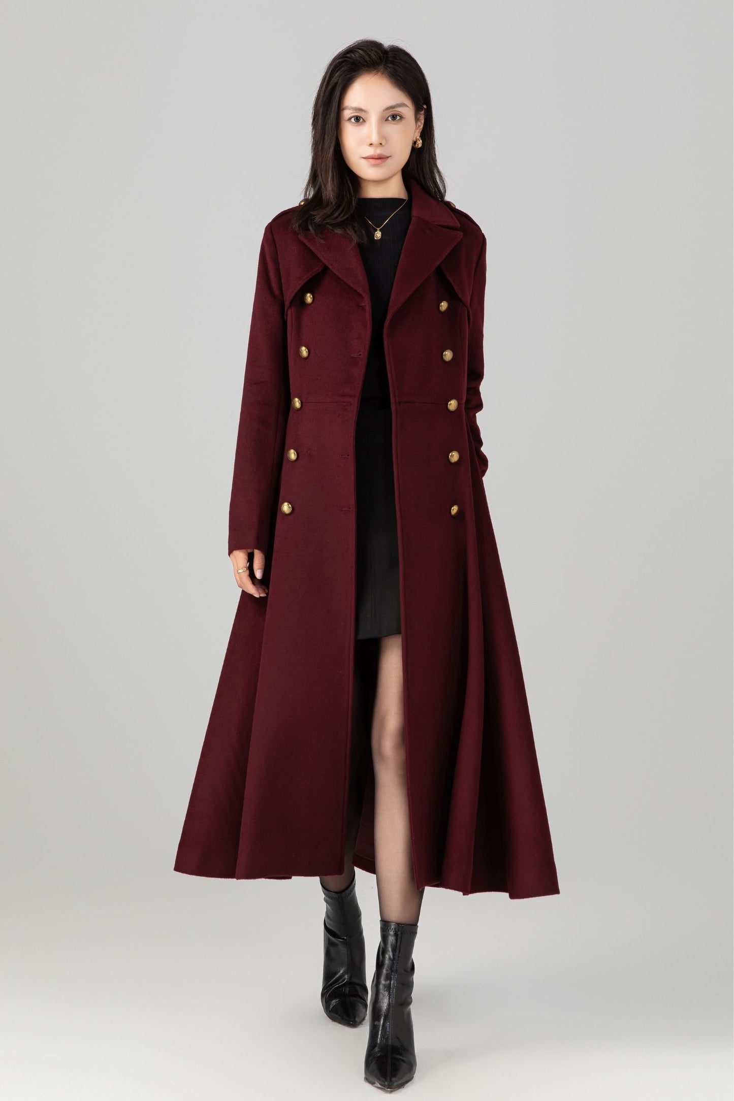 Burgundy winter long warm wool coat C5271