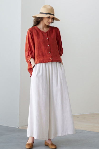 Rust Linen Blouse: Oversized 3/4 Sleeve Button-Up Relaxed Fit Top, Ylistyle C5321