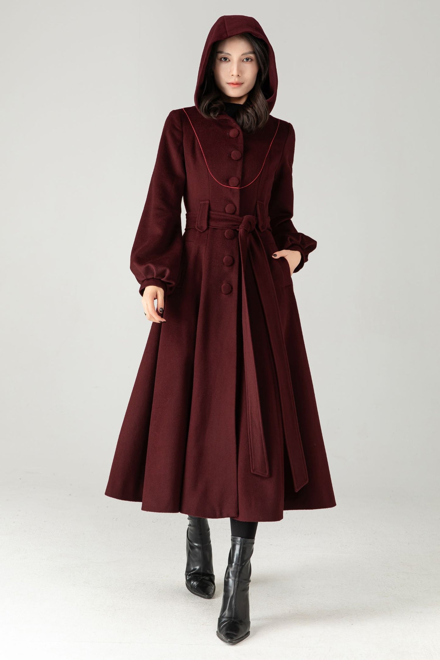Burgundy Wool Blend Hooded Coat: Retro Belted A-Line Long Winter Coat C5343