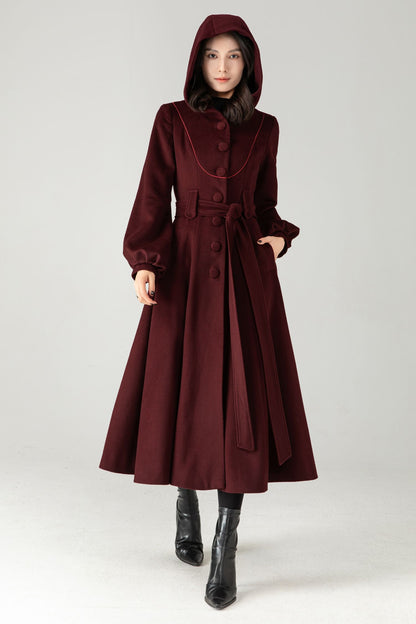 Burgundy Wool Blend Hooded Coat: Retro Belted A-Line Long Winter Coat C5343