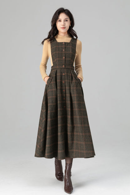 Classic Plaid A Line Apron Midi Wool Dress C5196