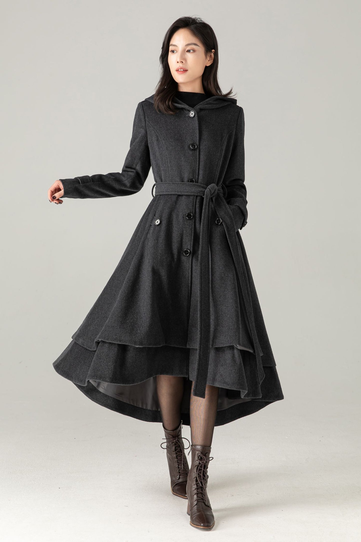 Gray Hooded Wool Blend Coat: Belted High-Low Maxi Swing Winter Overcoat, Ylistyle C5374