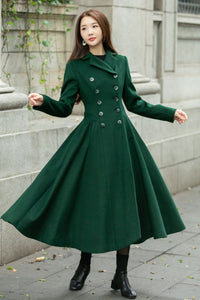 Warm green long trench wool coat C4501