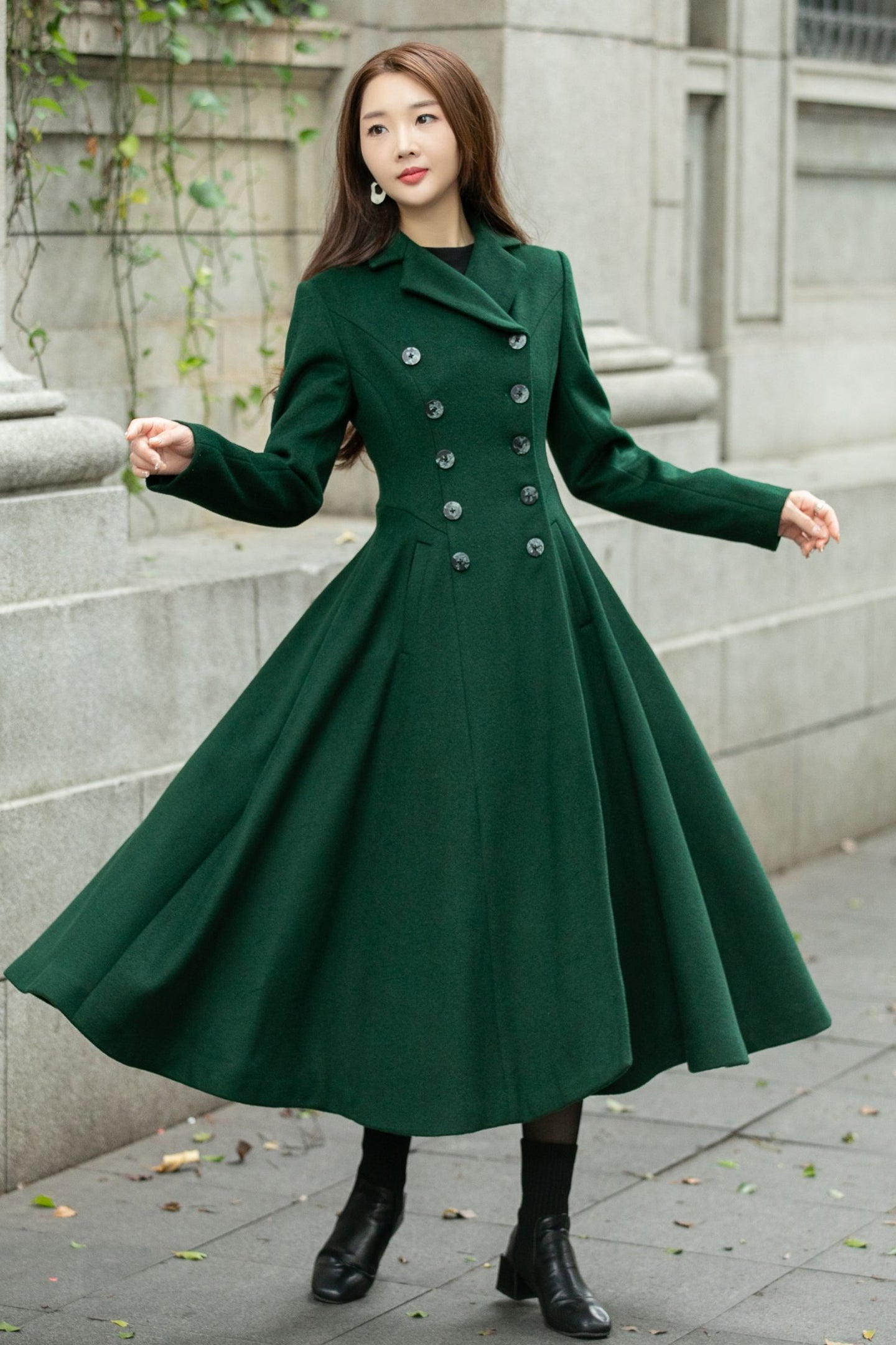 Warm green long trench wool coat C4501