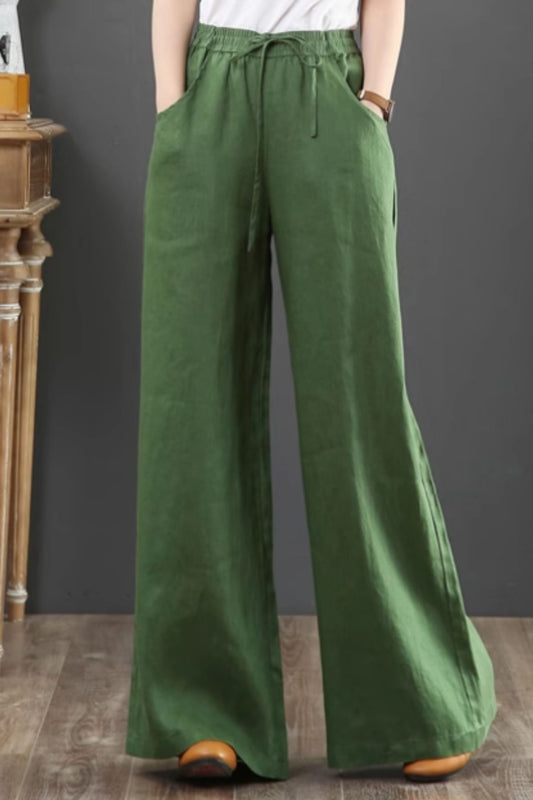 Long wide leg linen pants with drawstring waist C4428