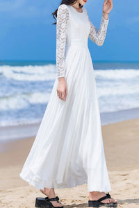 White chiffon long-sleeved dress C4039