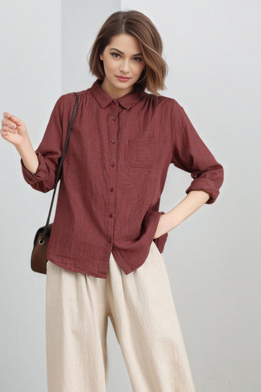 Loose fit plaid cotton blouse for women C5317