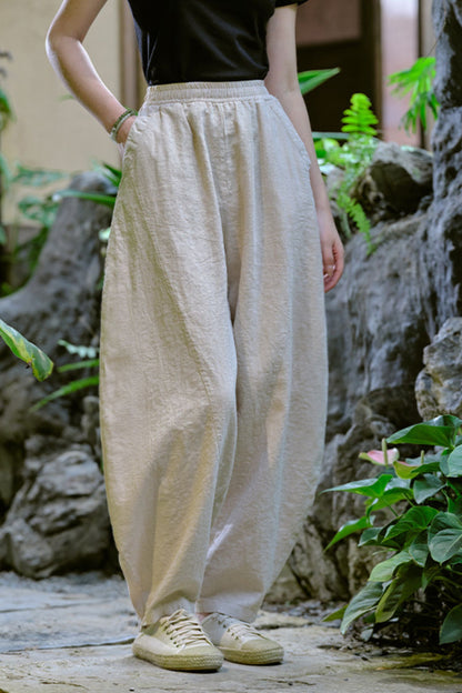 Beige Linen Lantern Pants - High Waist, Wide Leg Relaxed Fit L0616