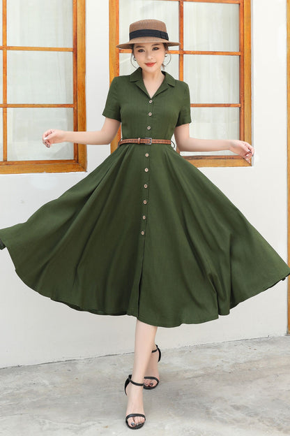 Green Linen Summer Shirt dress c4833