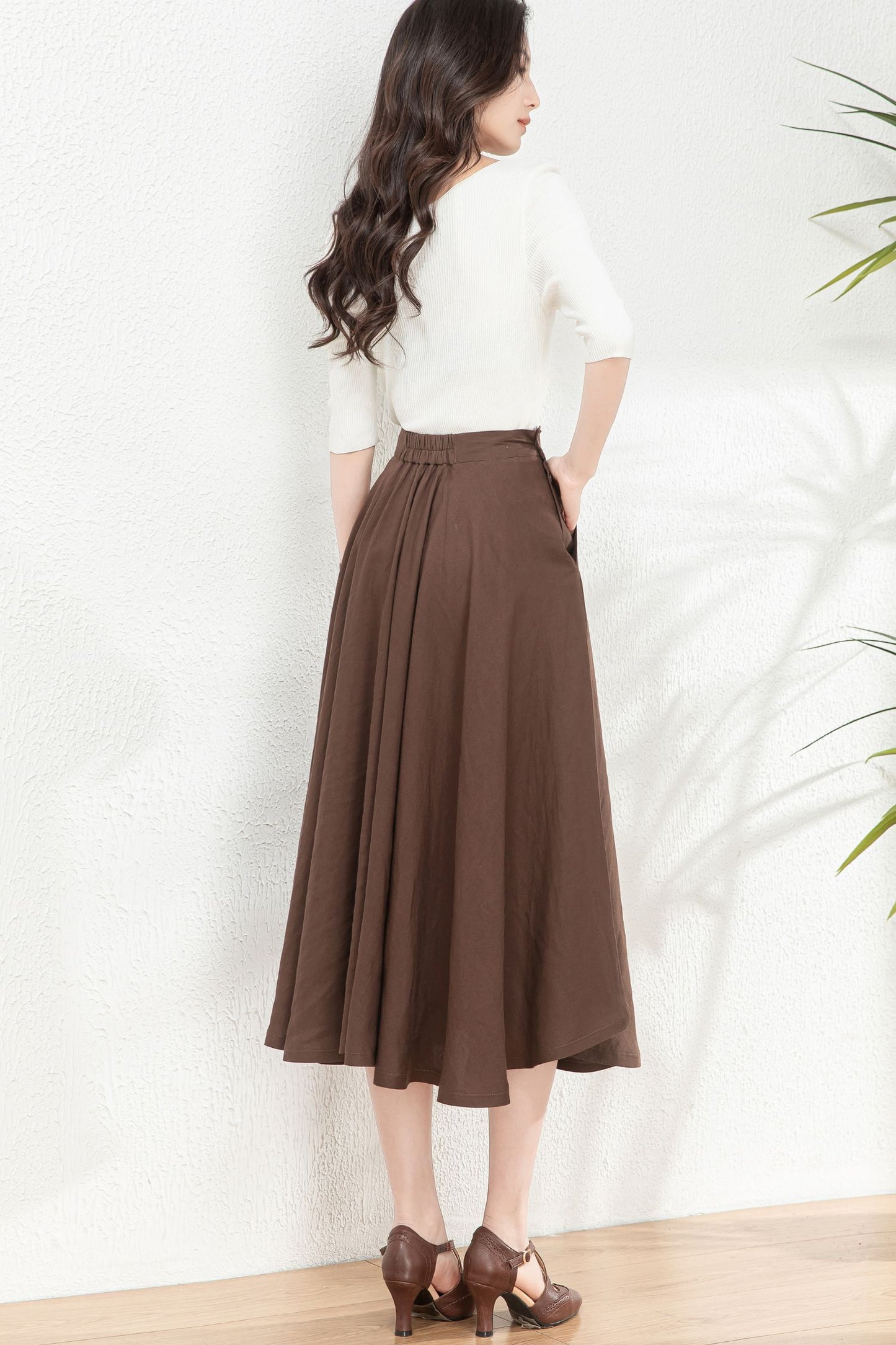 Brown Linen Swing Mid-Length A-Line Skirt C4764