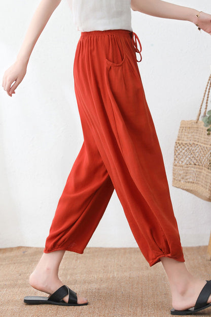 Orange Linen elastic waist drawstring pants C2332