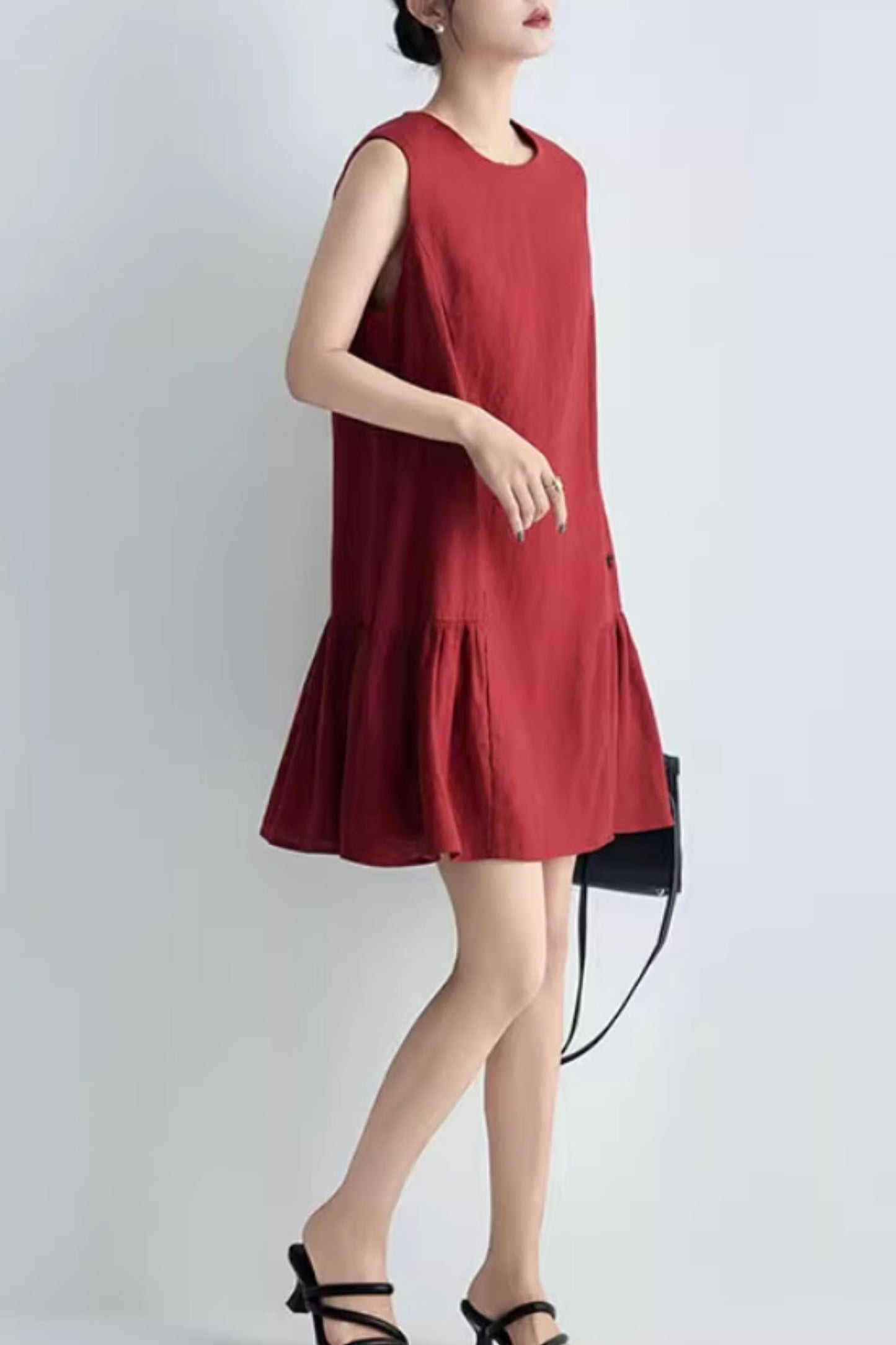 Burgundy womens summer short linen dress C5063