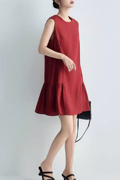 Burgundy womens summer short linen dress C5063