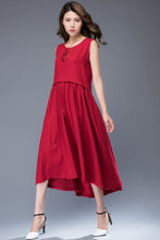 Load image into Gallery viewer, Red linen midi sleeveless loose summer dress C944
