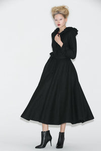 Long black hooded winter wool coat C706