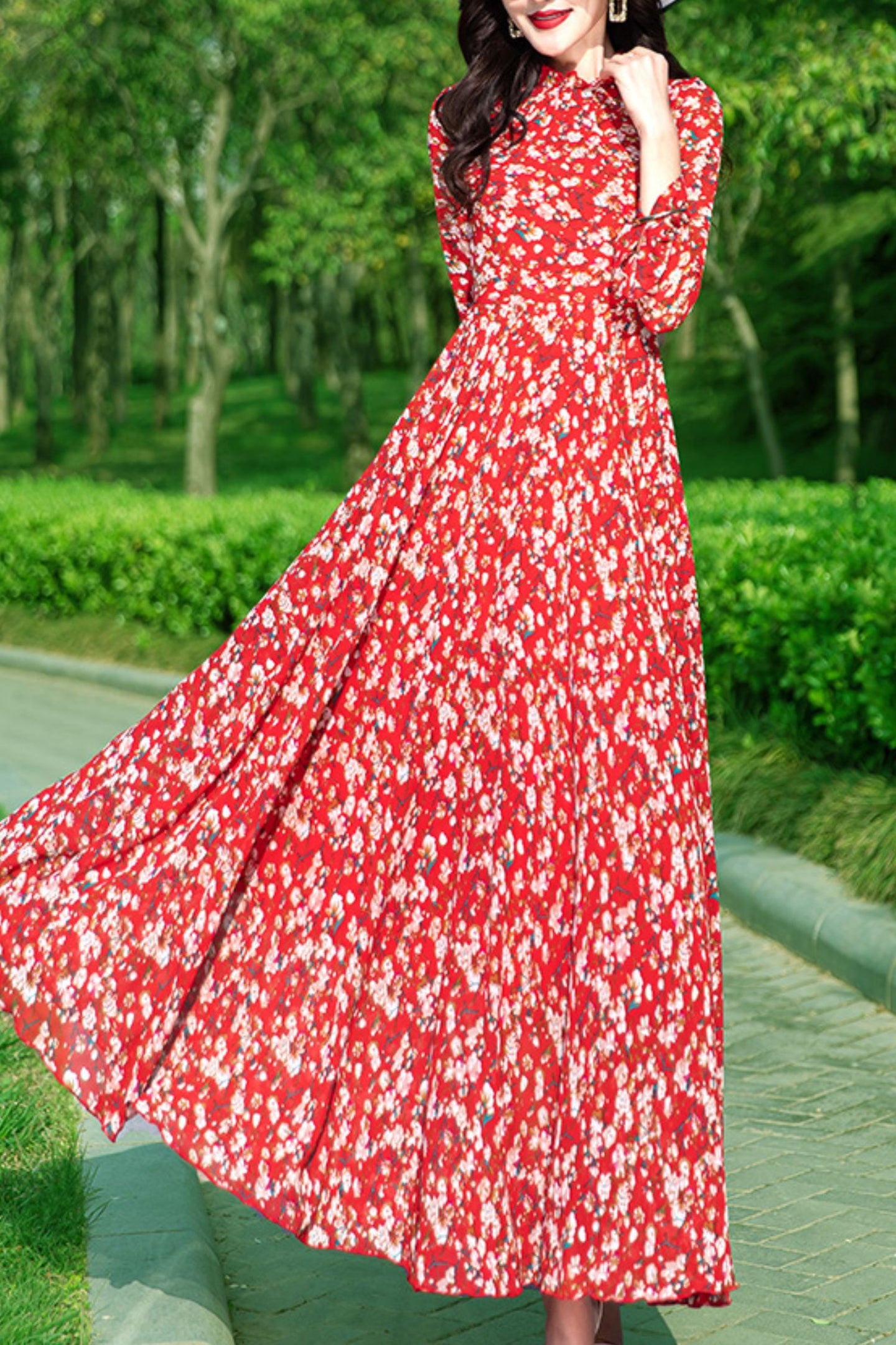 Long-sleeved floral women chiffon big swing dress C3985