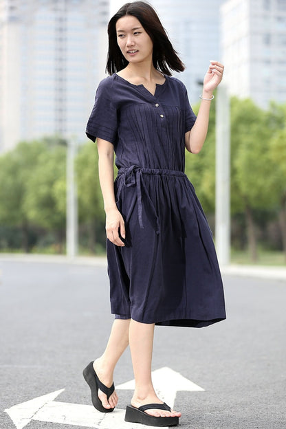 Casual Navy Blue Short-Sleeved Pleated Mid-Length Dress for Women C268