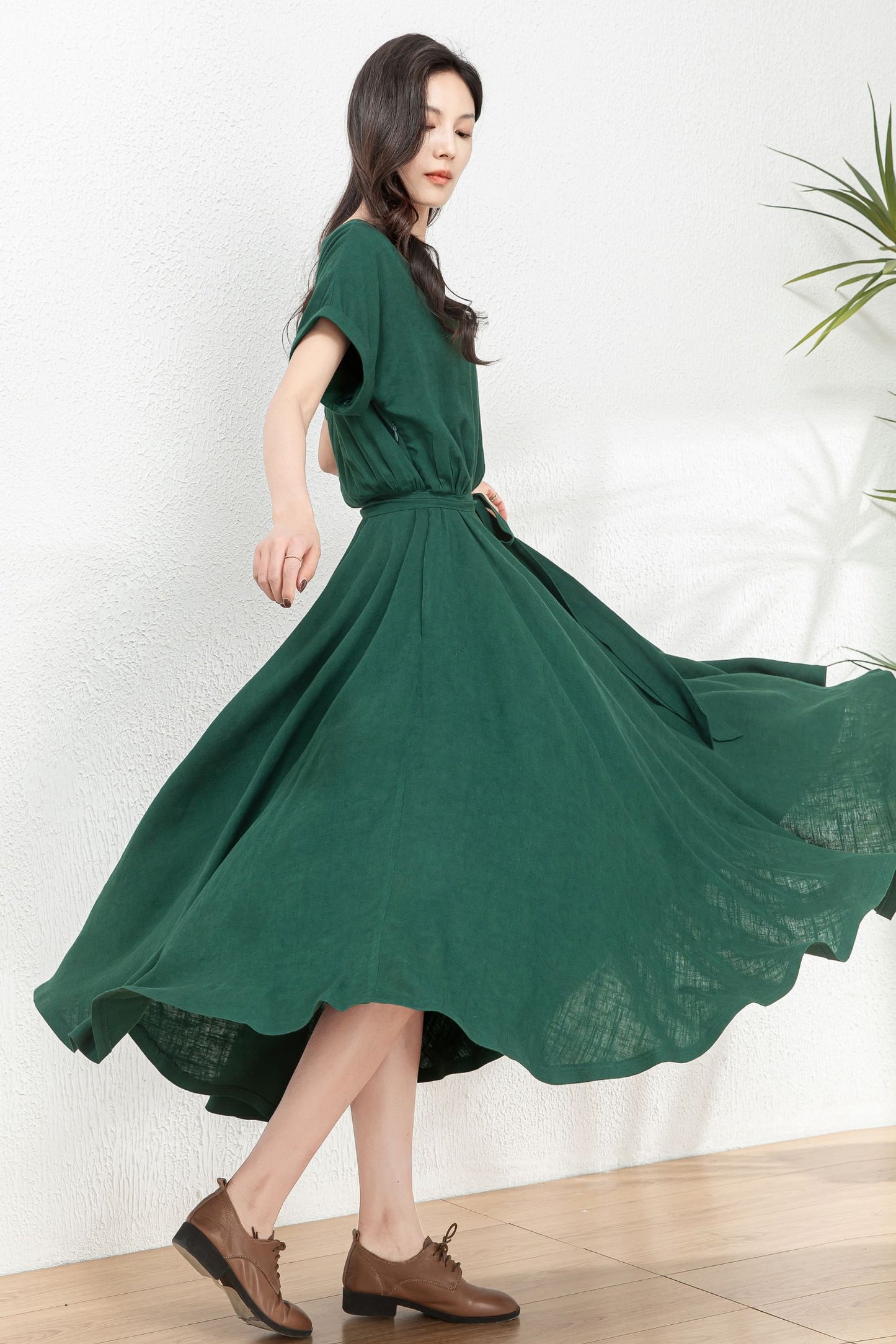 Linen midi swing green dress C4770