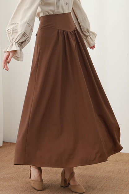 Caramel Linen Maxi Skirt - High Waist Pleated A-Line Silhouette c5452