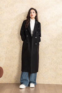 Black winter long casual wool coat C4467