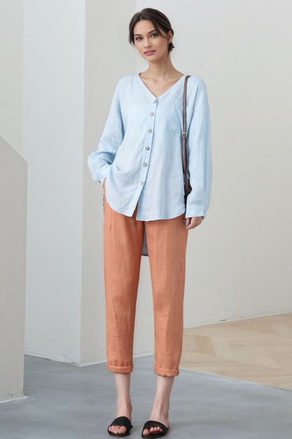 Light Blue Linen Blouse: Oversized V-Neck Long Sleeve Button-Up Top, Ylistyle C5324