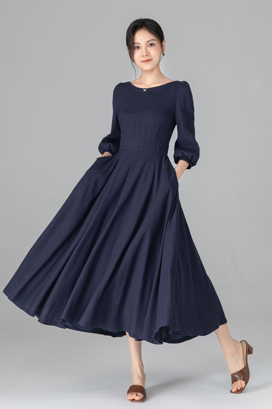 Navy Linen Midi Dress for Women – A-Line Elegant Dress, Minimalist French Style C5513