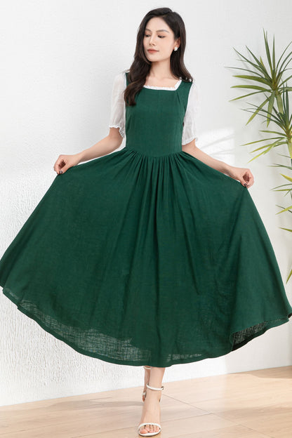 Womens dark green Linen midi Cottagecore Dress c4978