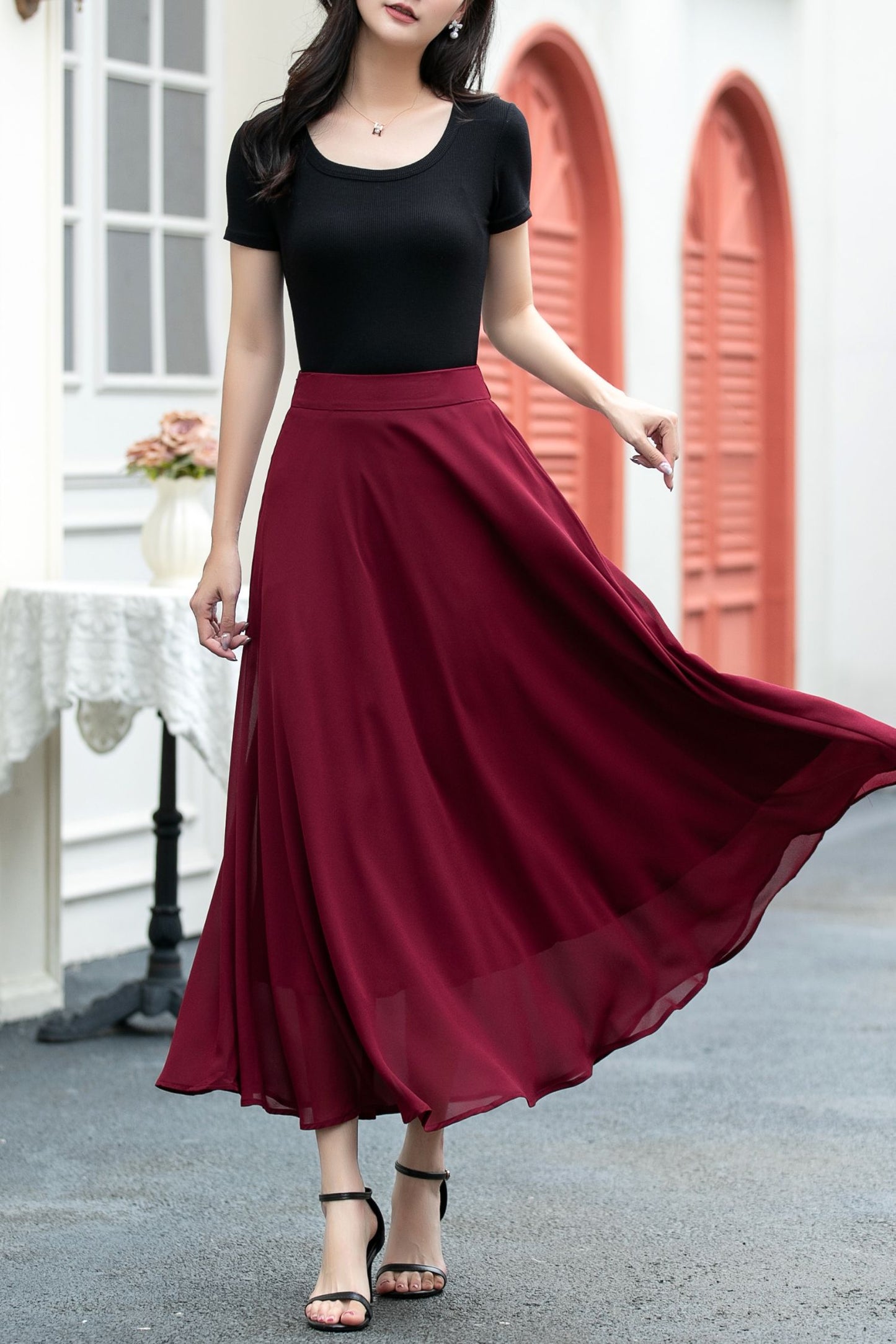 A line high waist long chiffon skirt C5037