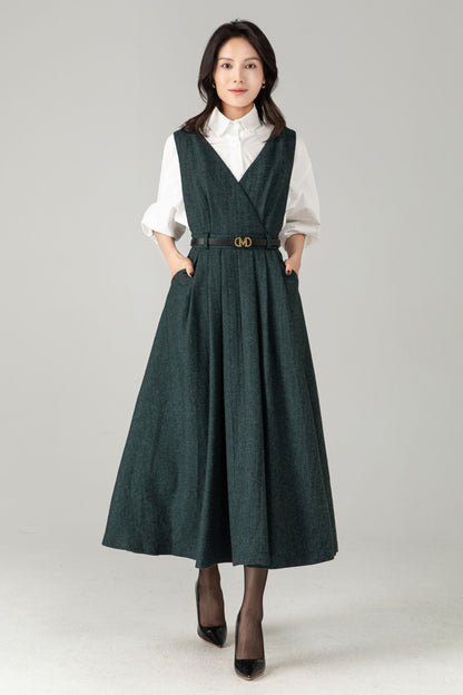 Dark Green Wool Blend Midi Pinafore Dress for Women – Sleeveless V-Neck Winter Jumper with Belt, Ylistyle C5339
