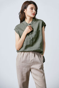 Army green linen sleeveless top C1702