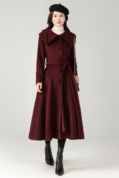 Burgundy Wool Blend Midi Coat: Belted Winter Swing Coat C5337