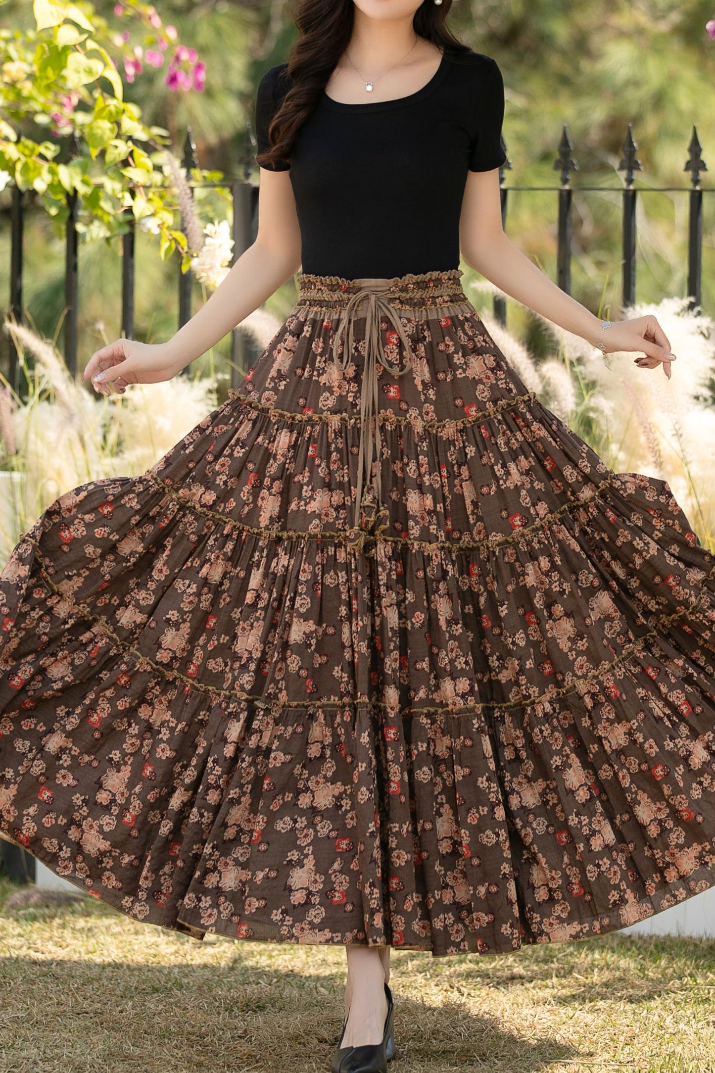 Brown Cotton Maxi Skirt - Floral Print, High Waisted Pleated c5440