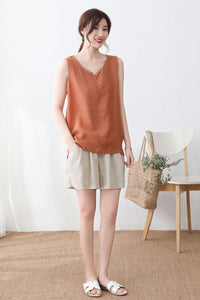 Sleeveless Summer organic linen Orange tops C2337