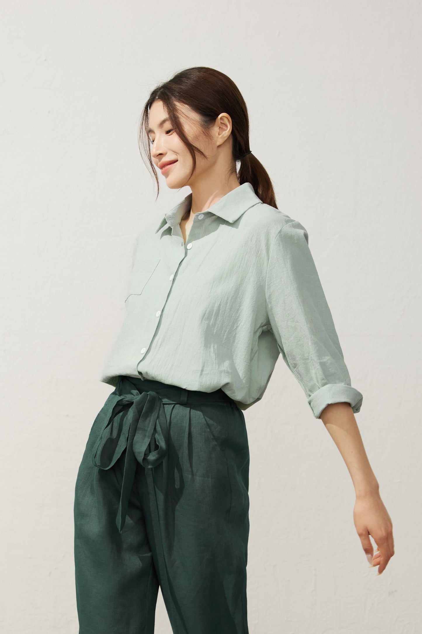 Women's Casual Light Green Linen Shirt C3936