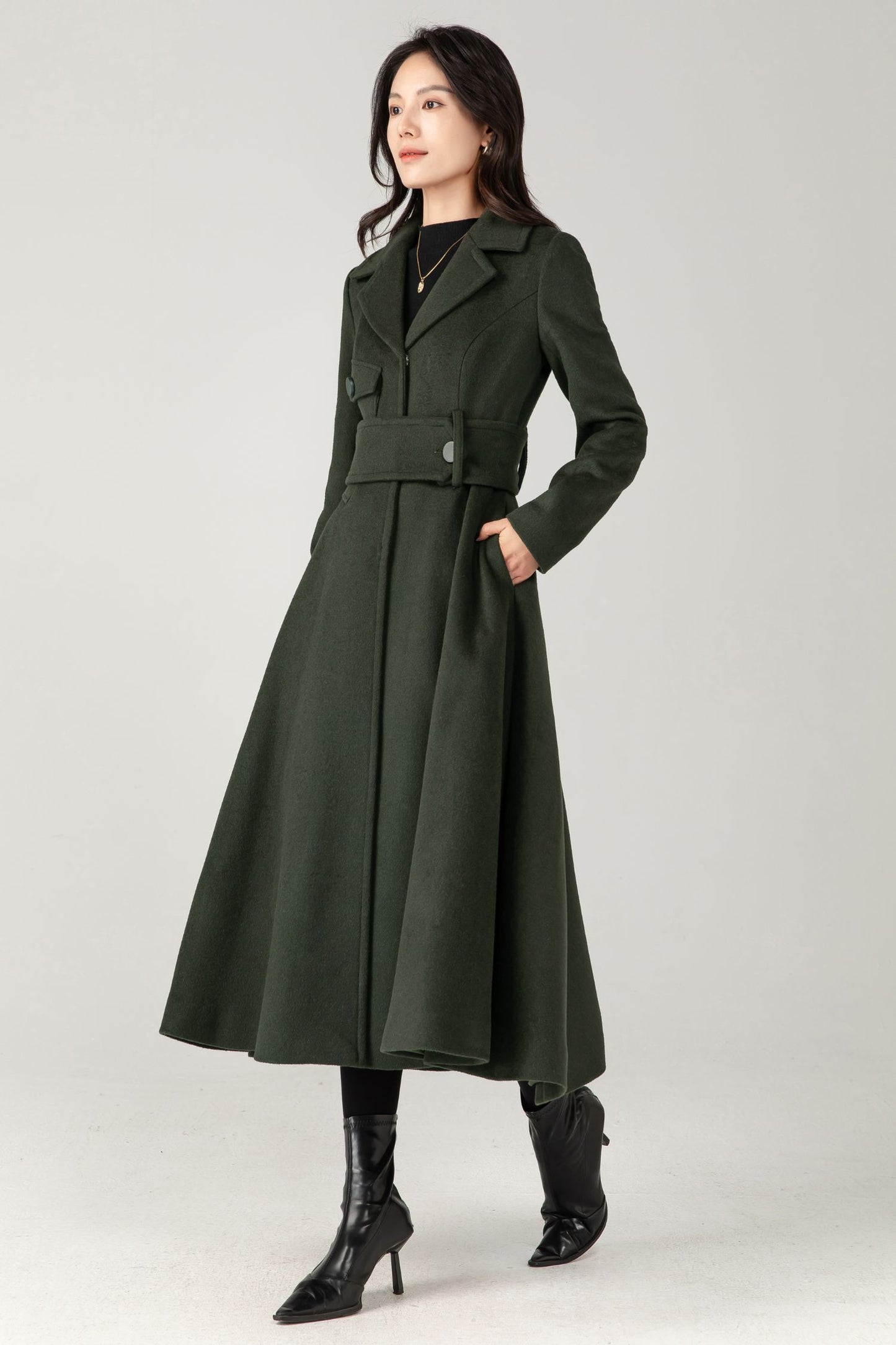 Green Wool Coat: Women’s Tailored Belted A-Line Winter Overcoa C5336