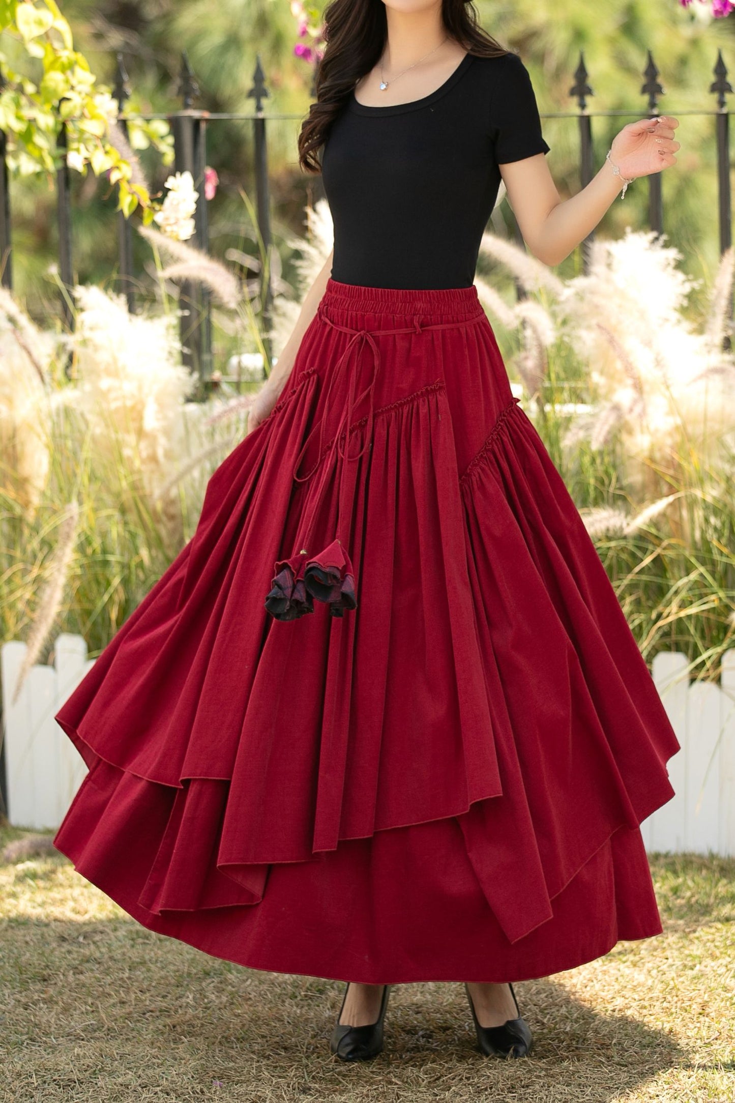 Red Corduroy Maxi Skirt – Elastic Waist Handmade Cotton Boho Skirt, Ylistyle C5441