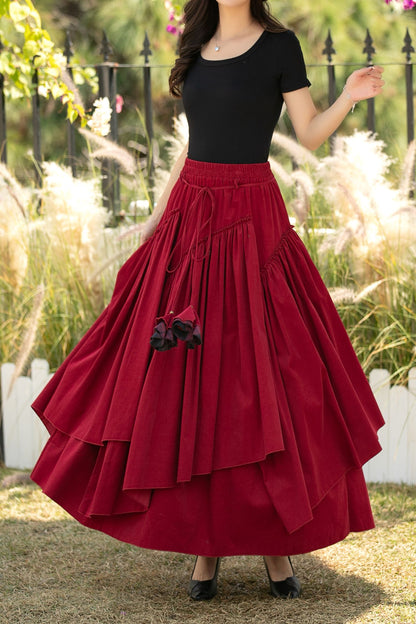 Red Corduroy Maxi Skirt – Elastic Waist Handmade Cotton Boho Skirt, Ylistyle C5441