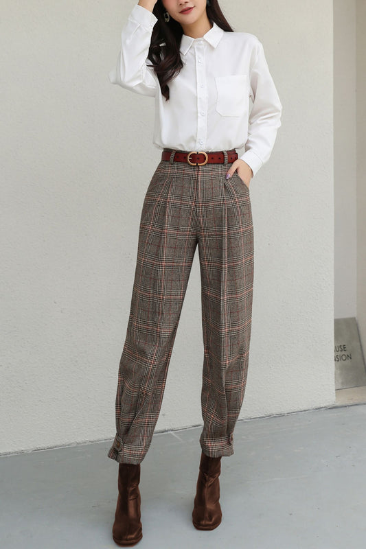 Plaid Wool Tapered Pants for Women C5189