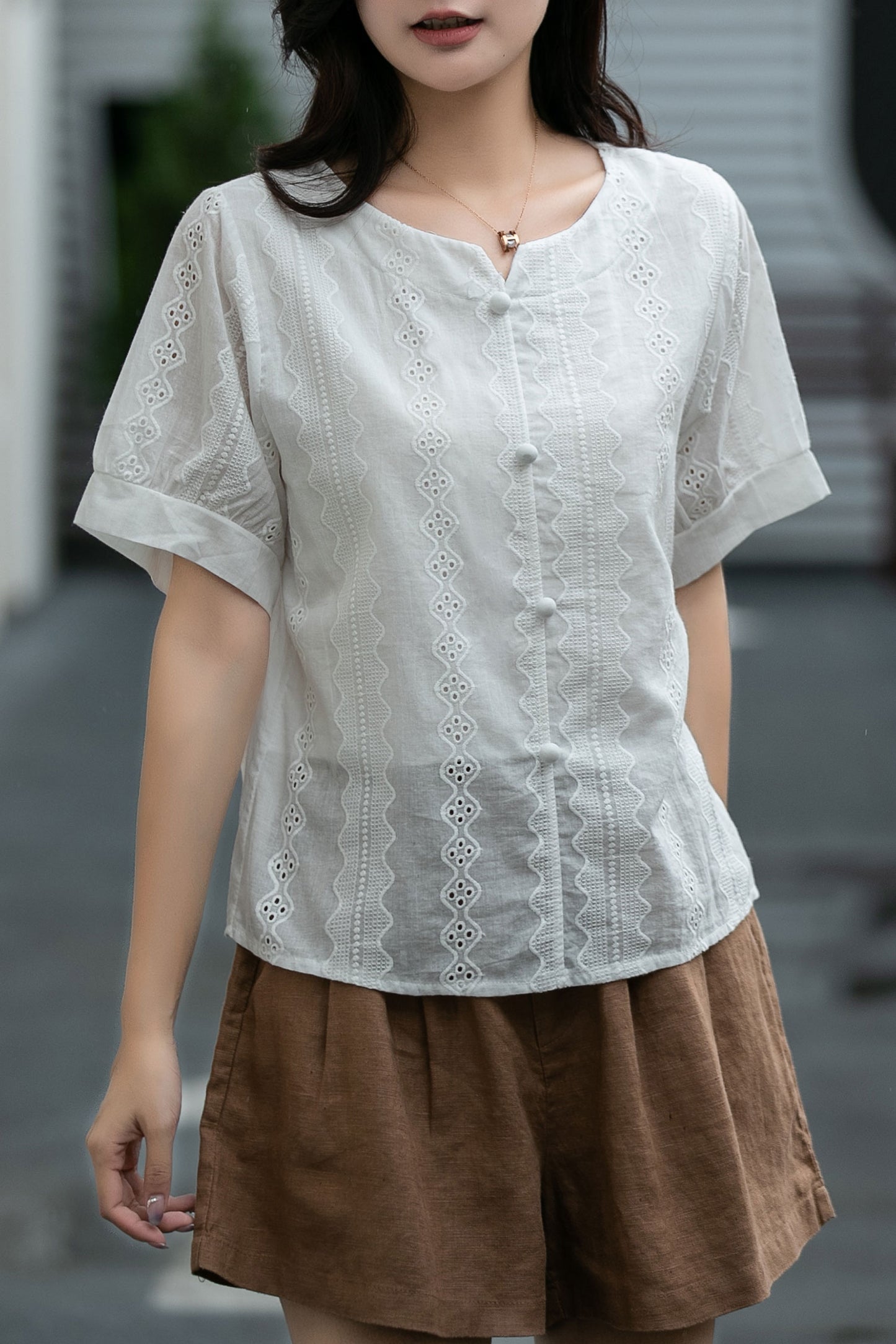 Button front white blouse top C5041